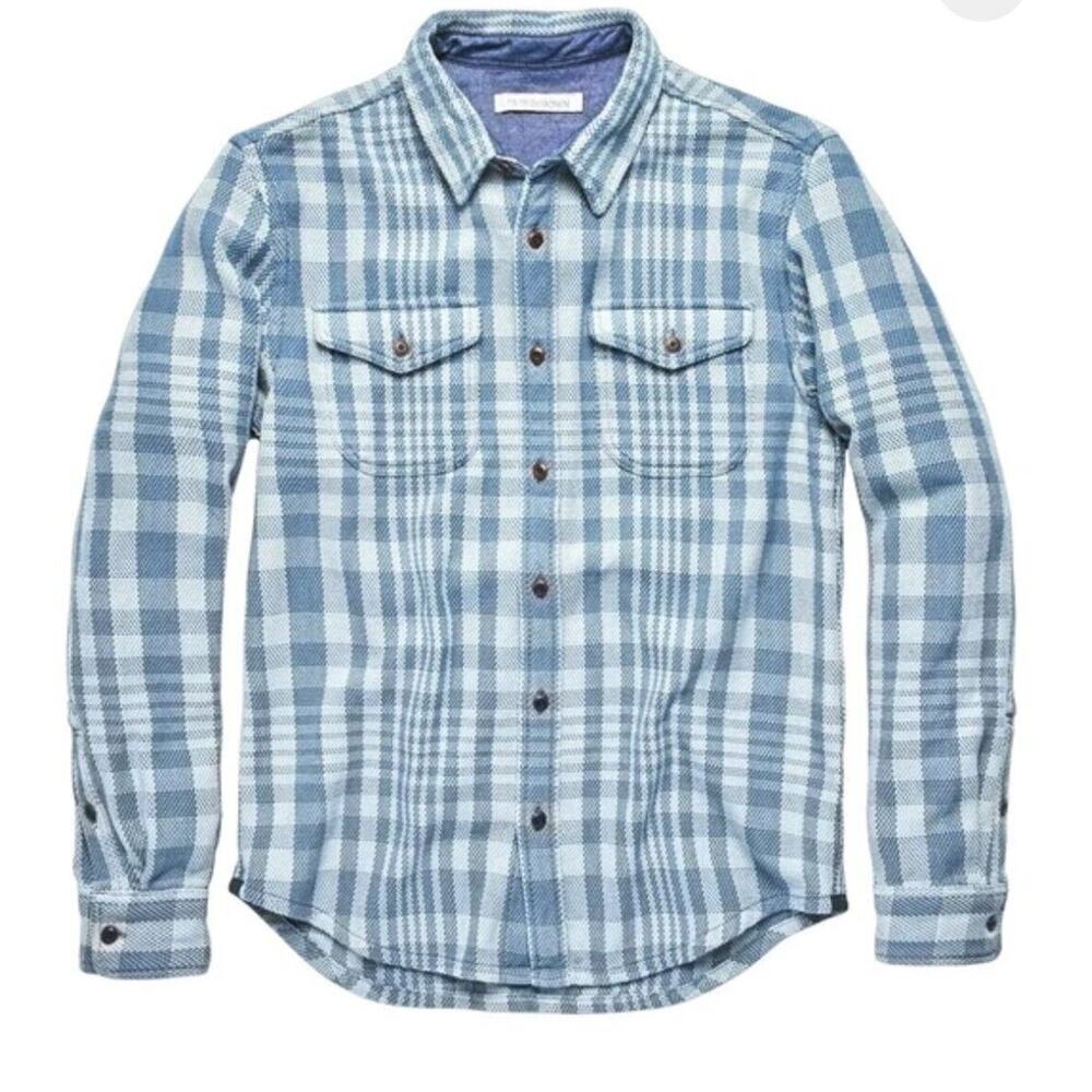 Outerknown Blanket Shirt Mens Size L Organic Cotton Blue Alp Plaid NWT $148